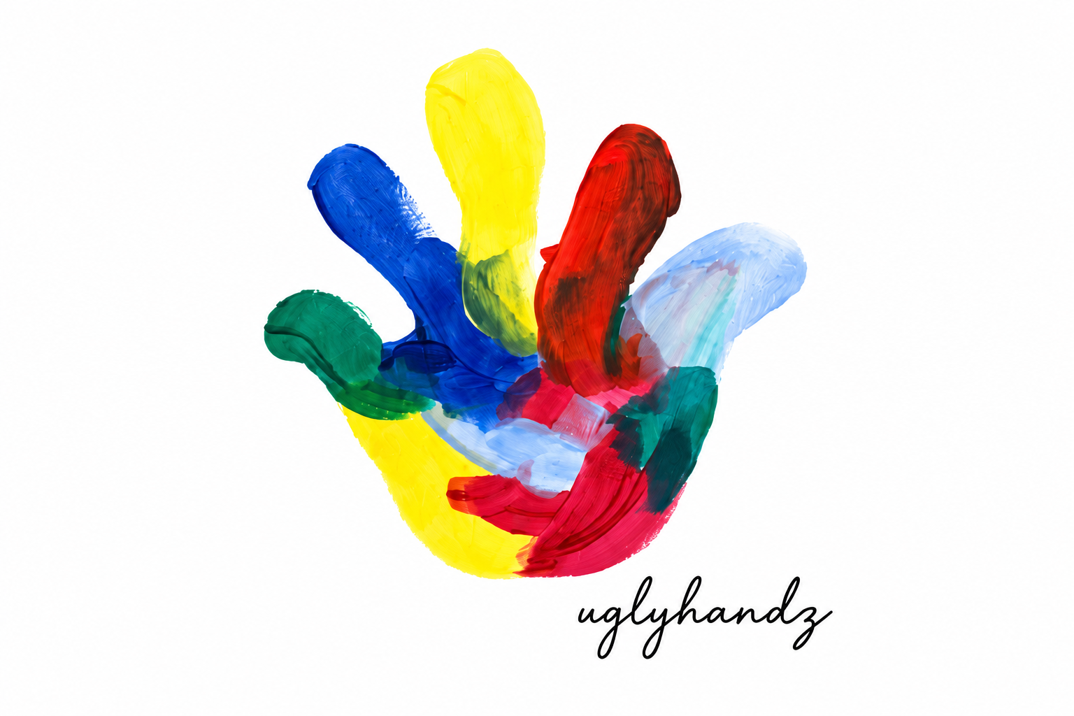 여러 색의 물감으로 그린 손바닥과 uglyhandz 손글씨 서명